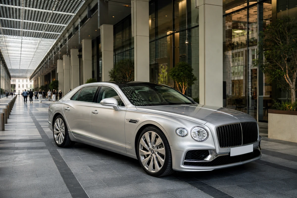 Luxury sedan DIFC exterior with Bentley Flying Spur at Gate Avenue colonnade