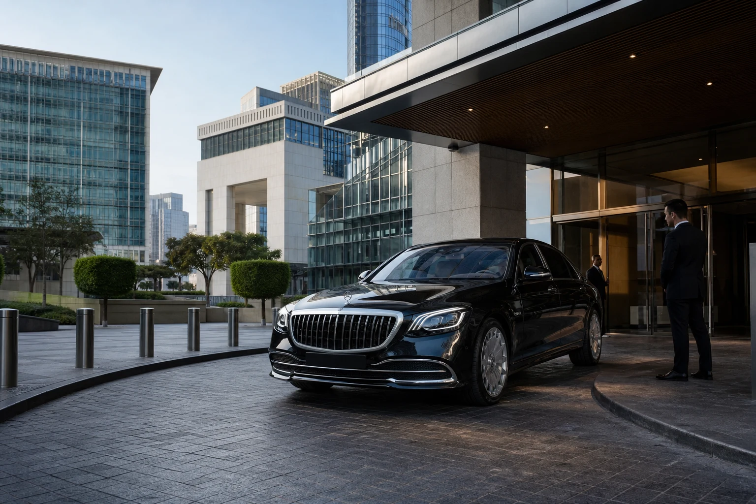 Best executive car to rent in DIFC Dubai hero with Maybach sedan at a Gate Avenue tower porte-cochère in morning light
