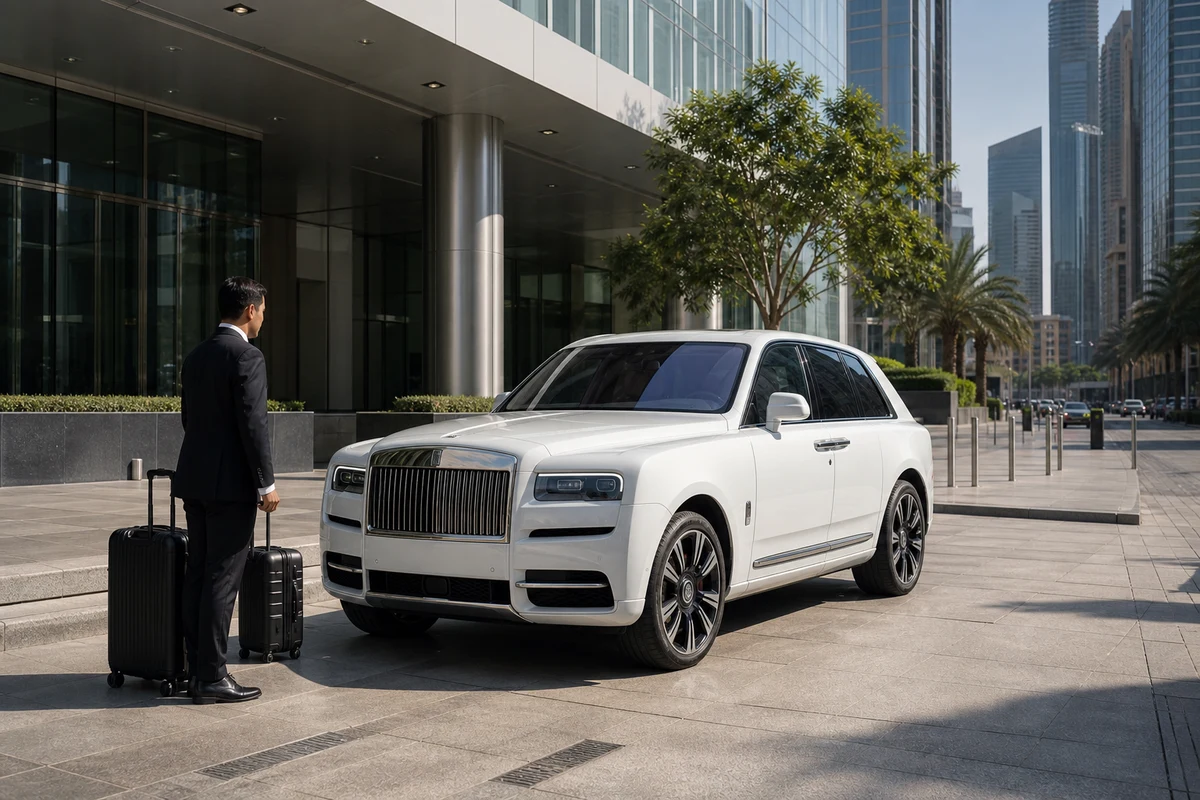 Executive SUV rental Dubai with Cullinan and roller cases at a DIFC office tower podium