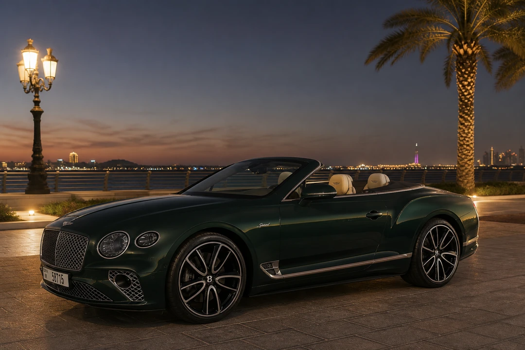 Bentley Continental GTC at an east-coast UAE corniche at winter dusk for supercar rental Dubai evenings