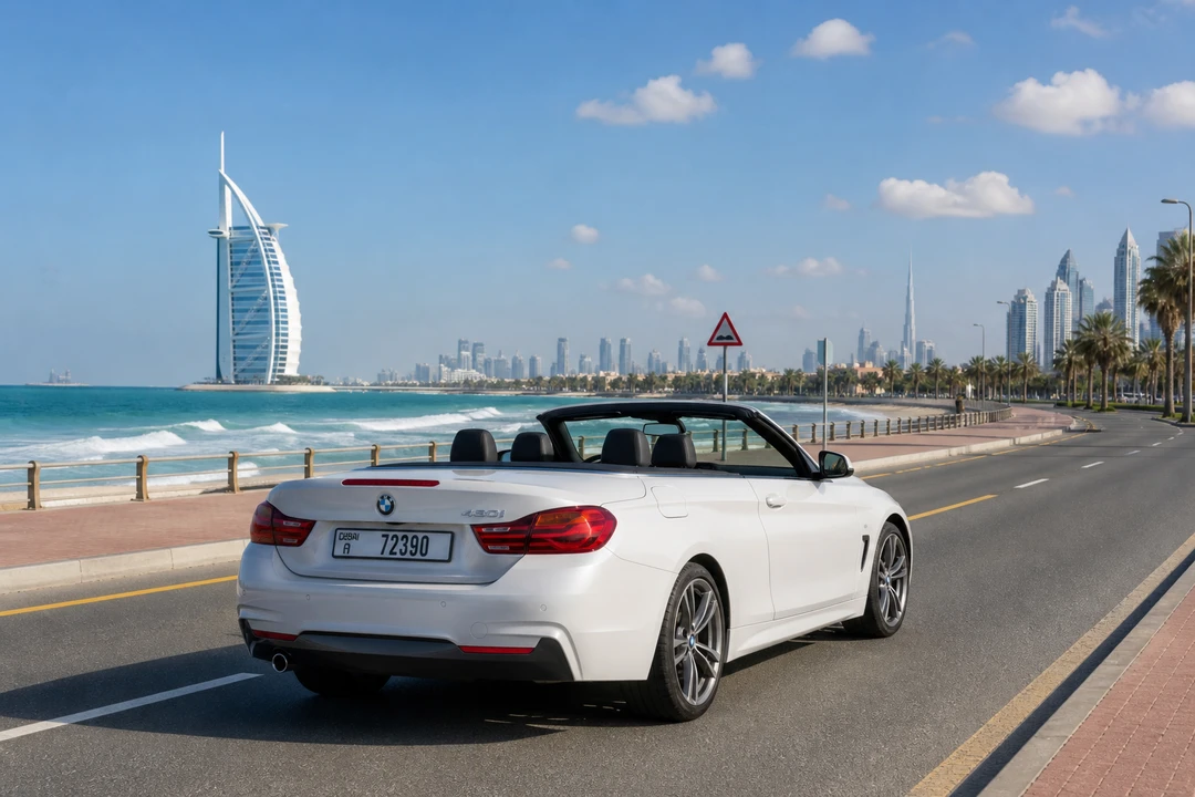 BMW 430i Convertible on Jumeirah Beach Road for luxury car rental Dubai winter coastal loops