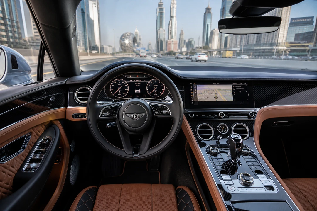 Bentley Continental GT cabin for Dubai car hire winter highway days toward Abu Dhabi