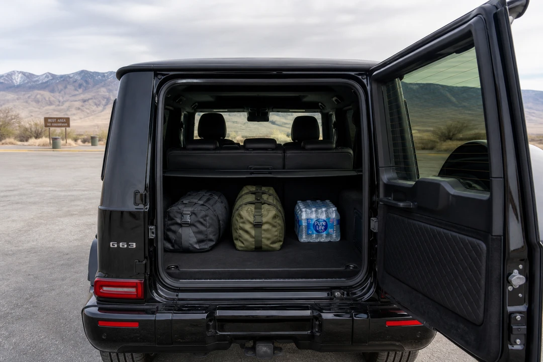 Mercedes-Benz G63 cargo for best cars to rent Dubai on a Hatta day with soft bags