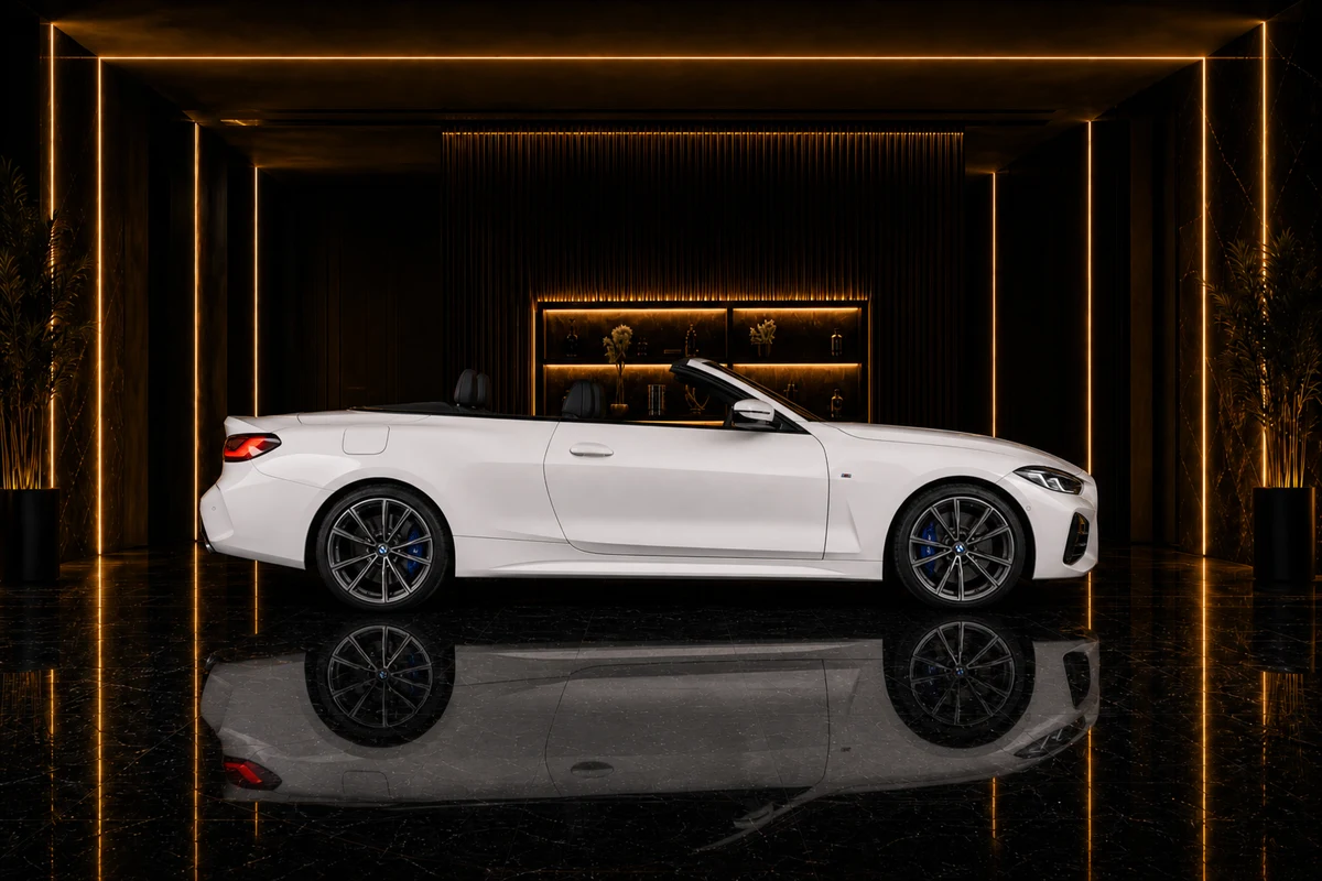 BMW 430i Convertible exterior side profile for rent BMW 430i convertible Dubai coastal drives