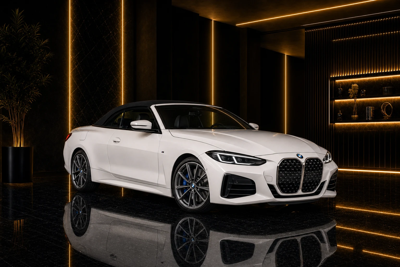 BMW 430i Convertible rental Dubai guide hero with open-top BMW on a Marina coastal road at golden hour