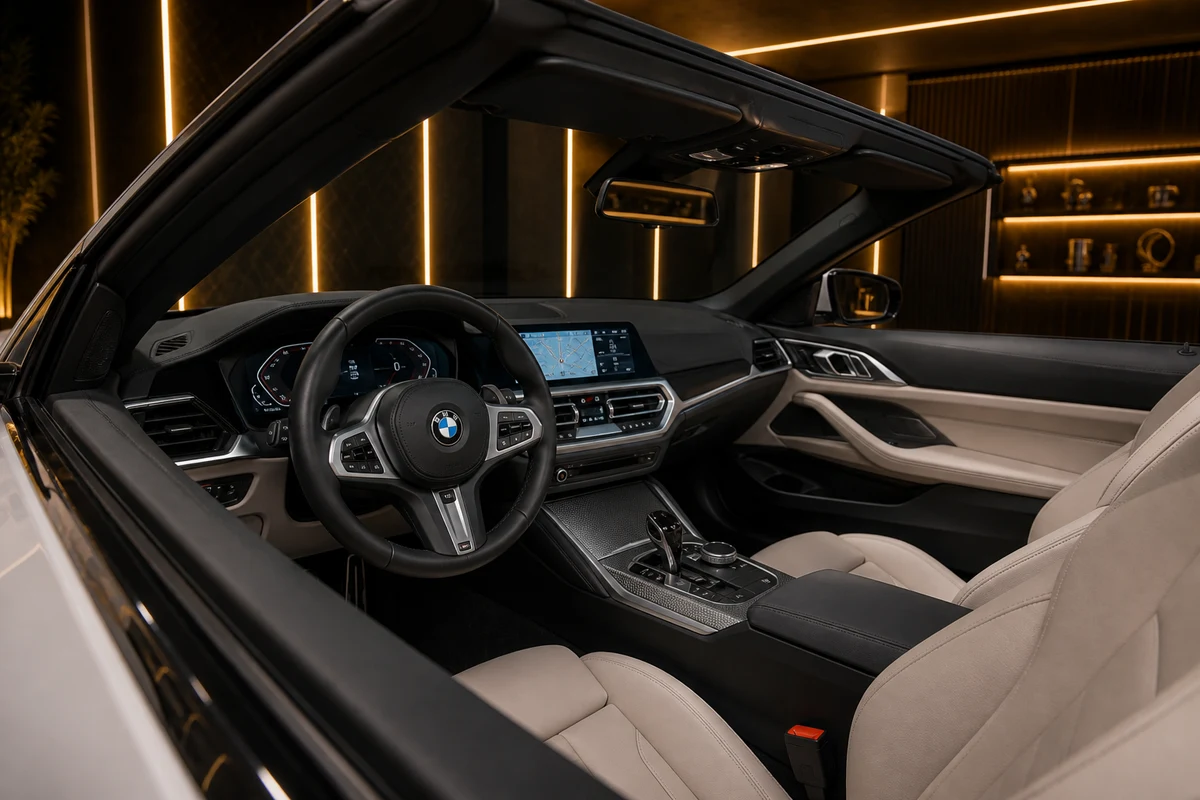 BMW 430i Convertible cockpit and digital displays for open-top BMW rental Dubai evenings