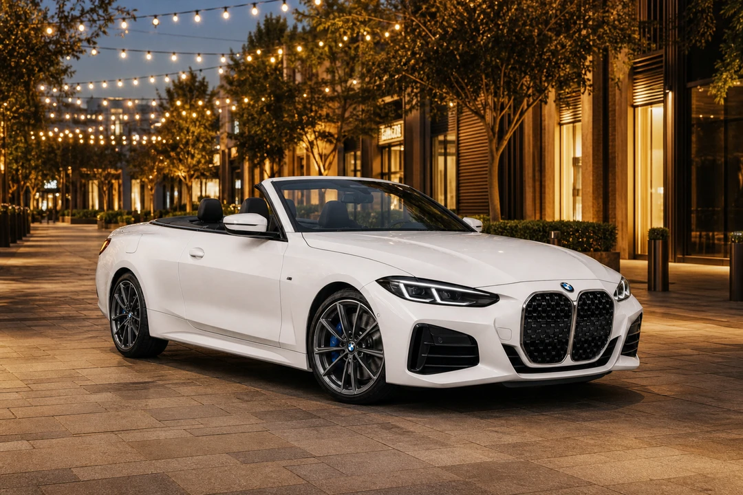 White BMW 430i Convertible at City Walk Dubai in the evening for exotic car rental Dubai open-top plans
