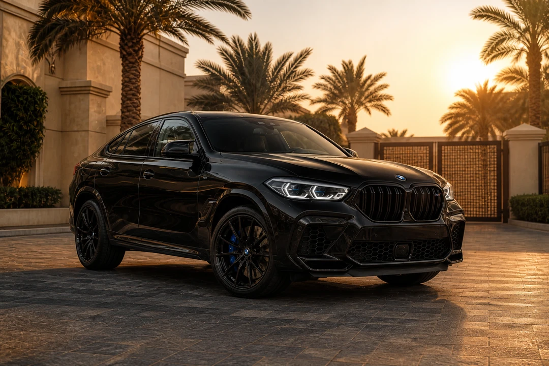 BMW X6 M at a Palm Jumeirah villa gate for rent BMW luxury car Dubai SUV weeks