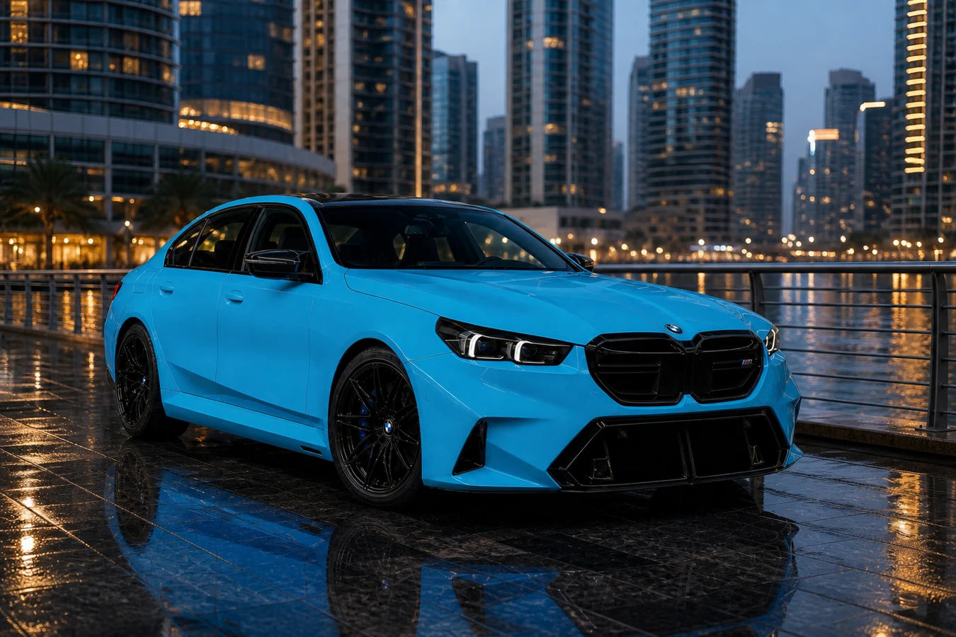 BMW luxury car rental Dubai hero with a blue BMW M5 beside the Business Bay canal at blue hour
