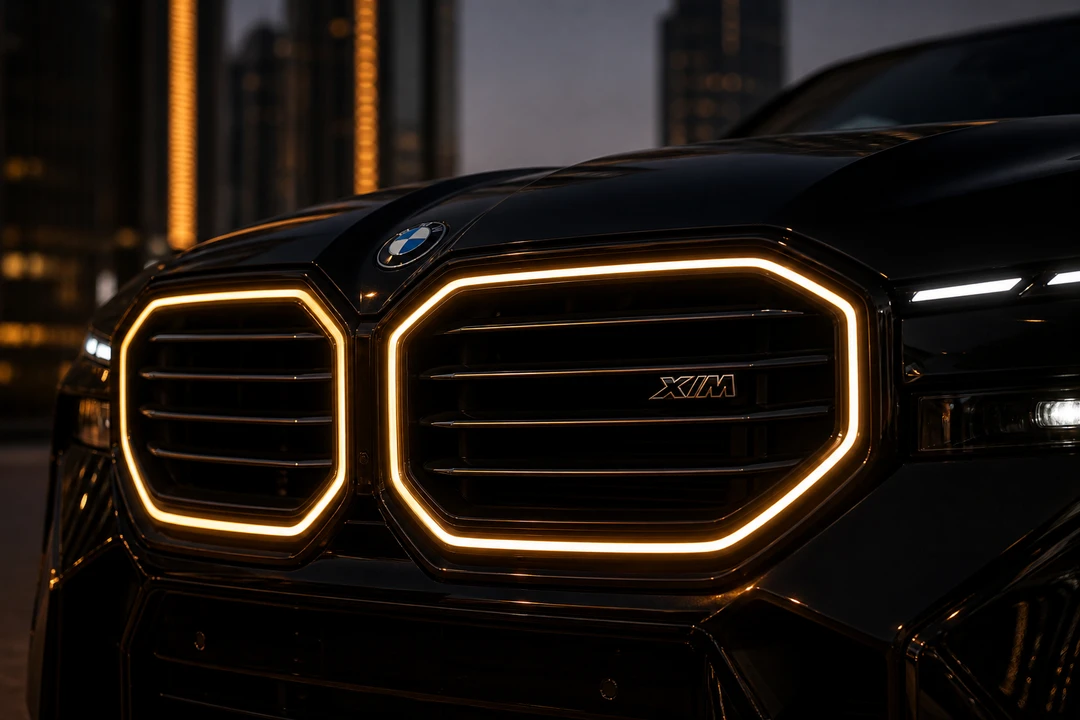 BMW XM illuminated kidney grille detail for BMW luxury car rental Dubai model identity