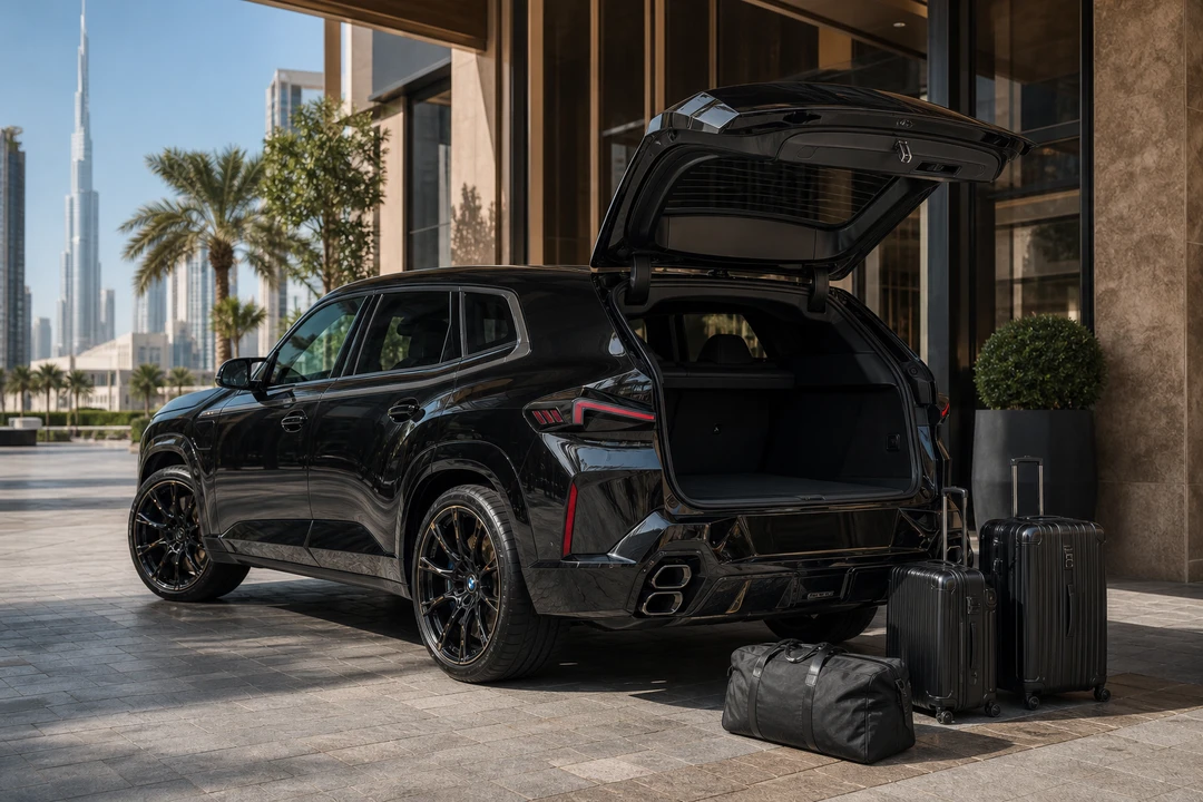BMW X6 M at a Downtown Dubai hotel with roller cases for luxury car rental Dubai luggage weeks