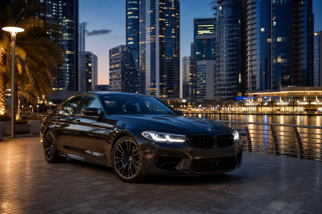 BMW M5 on Dubai Marina waterfront at dusk for weekend drives and luxury car rental Dubai evenings