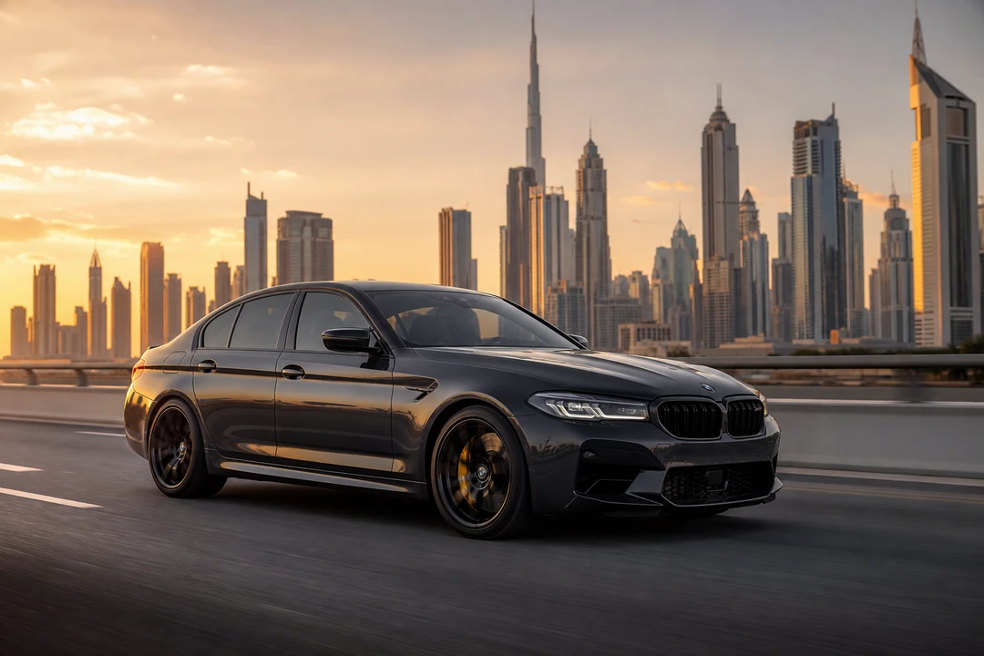 BMW M5 exterior on Sheikh Zayed Road for rent BMW M5 Dubai business and weekend plans