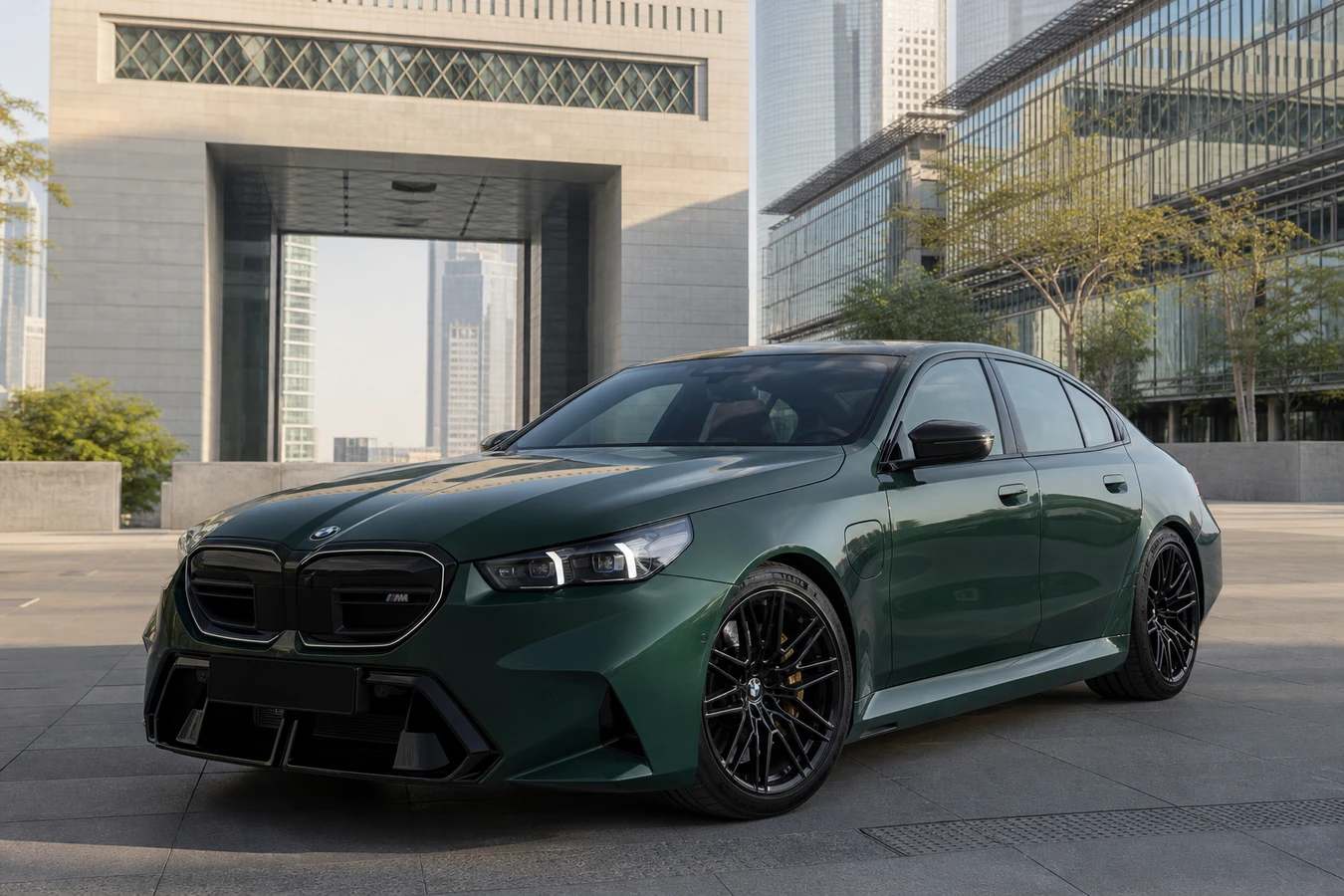 BMW M5 rental Dubai guide hero at DIFC plaza in morning light for executive performance weeks
