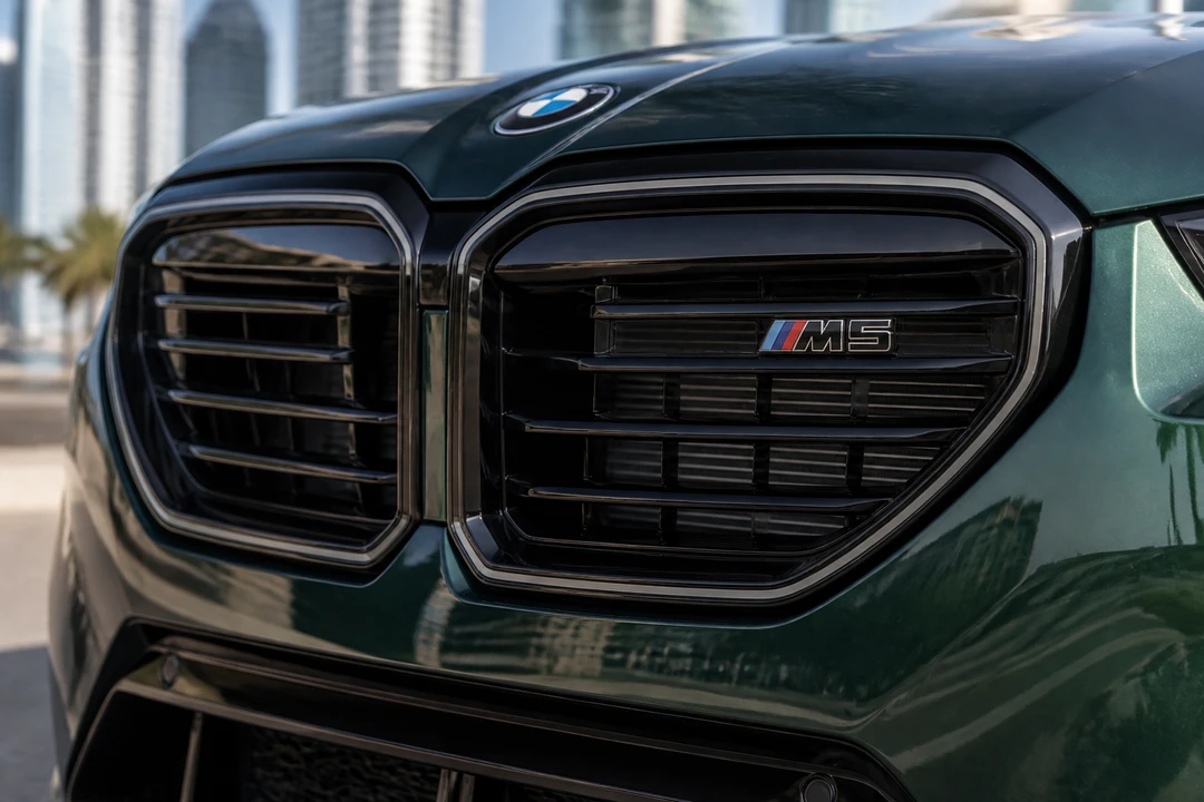 BMW M5 kidney grille and M badge detail for BMW car rental Dubai performance identity
