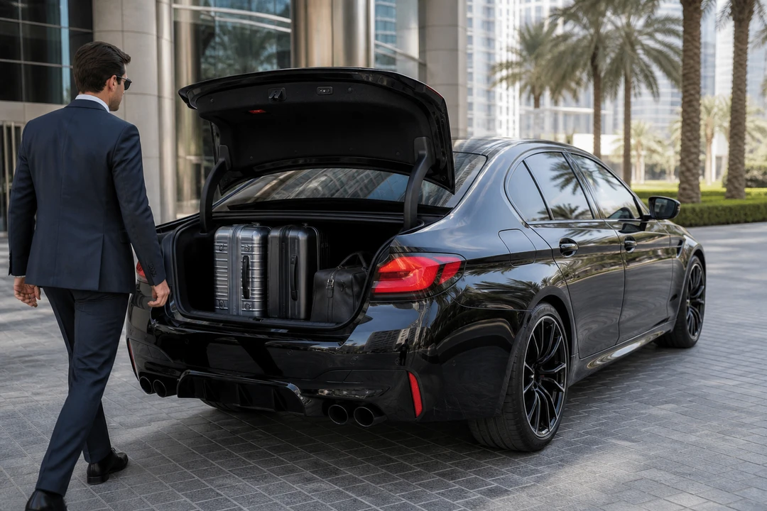 BMW M5 boot with business roller cases at a Dubai office tower podium