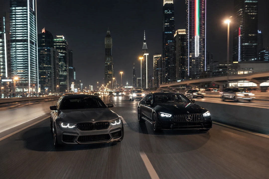 BMW M5 and Mercedes-AMG GT 4-Door on Sheikh Zayed Road at night for luxury car comparison Dubai supercar rental Dubai