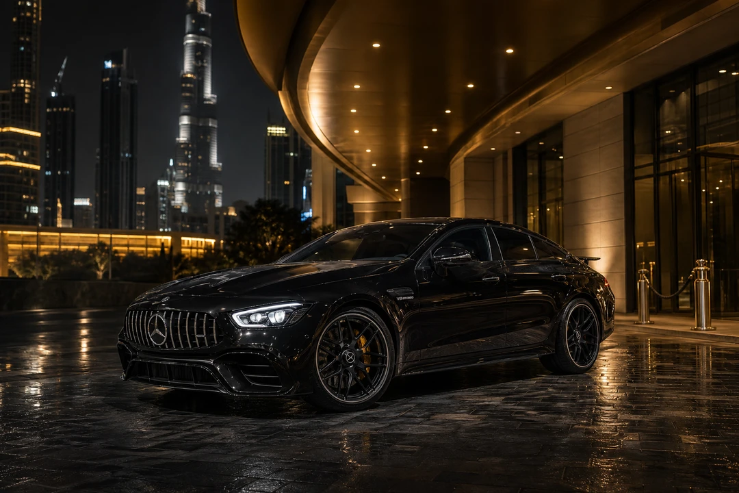 Mercedes-AMG GT 63 4-Door at a Downtown Dubai hotel valet for supercar rental Dubai luxury car hire Dubai