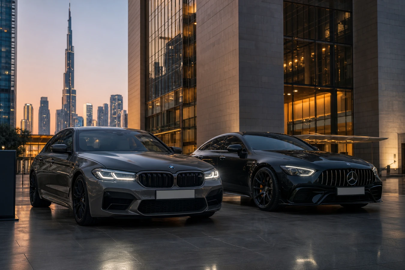 BMW M5 vs Mercedes AMG GT 4 Door Dubai parked together at a DIFC plaza at dusk for luxury car comparison Dubai