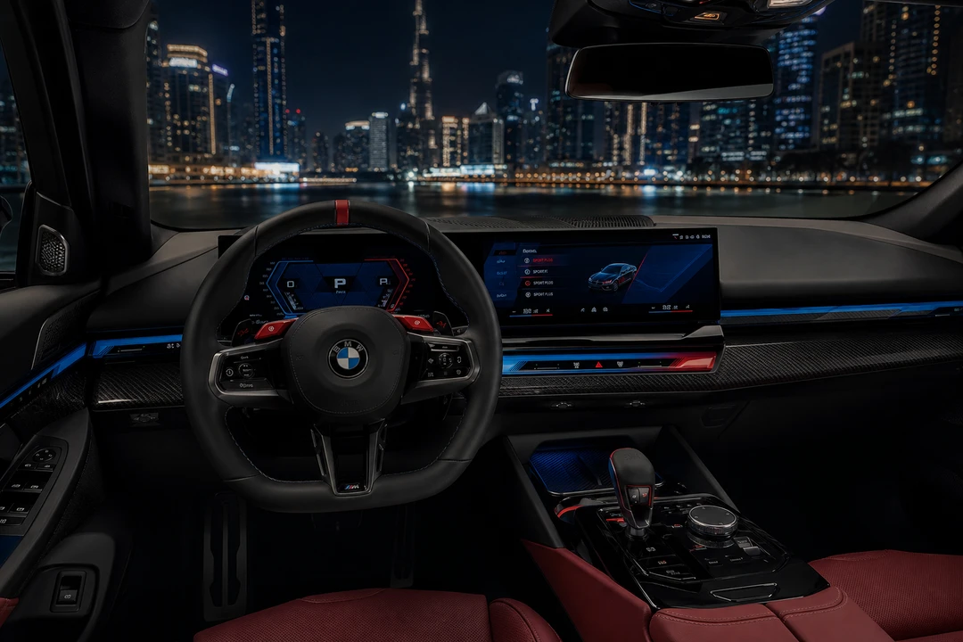 BMW M5 curved dual display cockpit for best luxury car Dubai executive performance hire