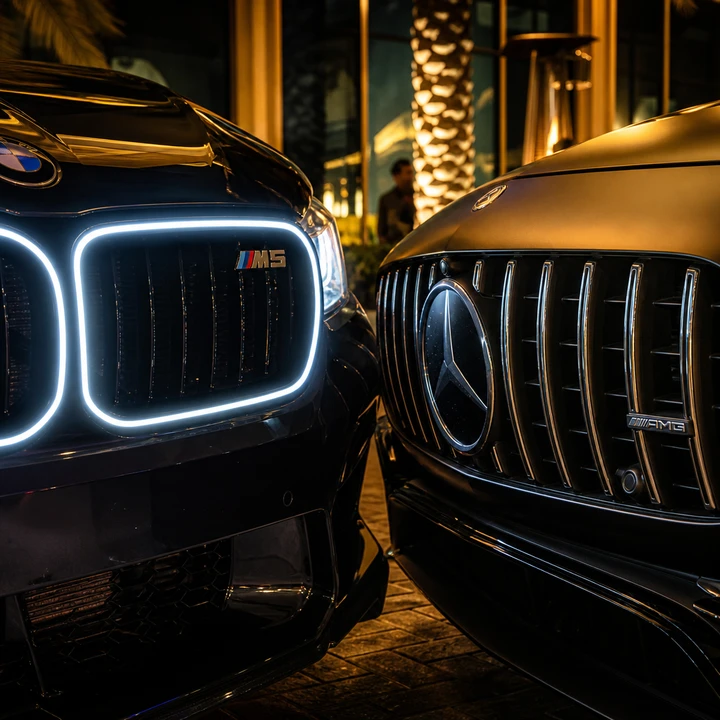 BMW M5 kidney grille beside Mercedes-AMG Panamericana grille for BMW M5 vs Mercedes AMG GT 4 Door Dubai