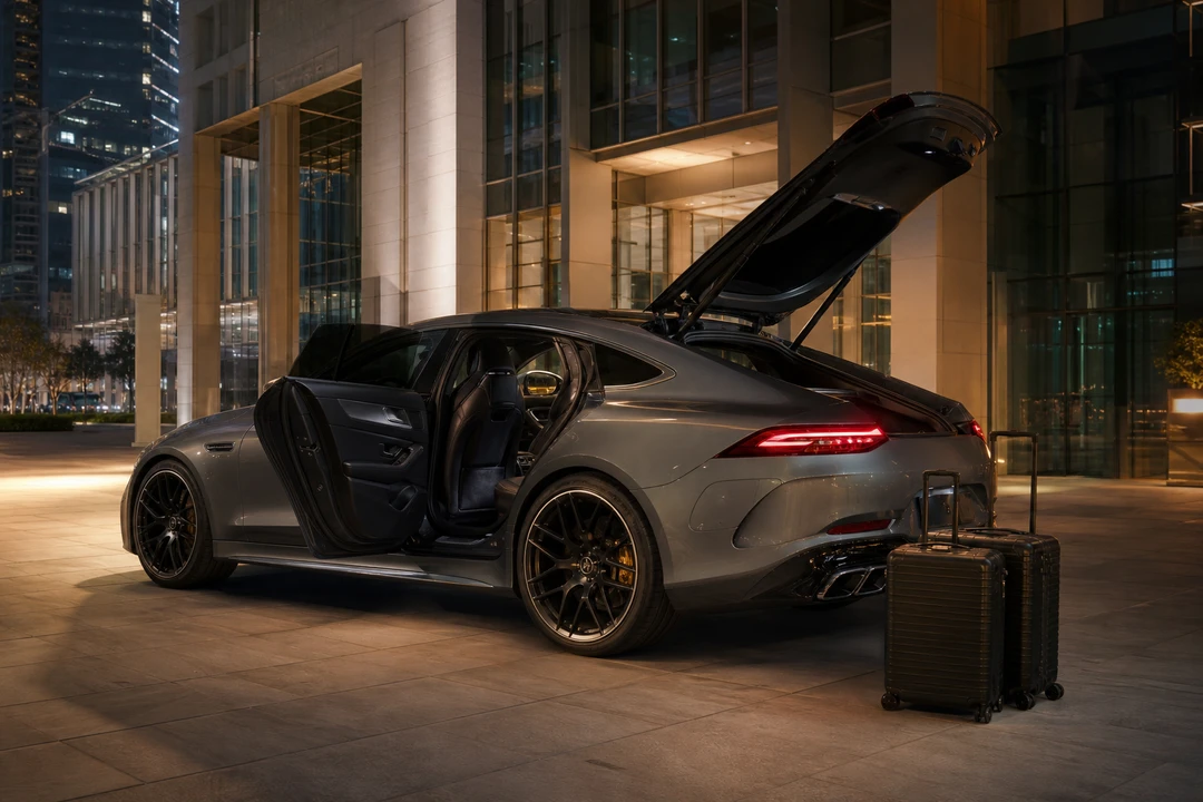 Mercedes-AMG GT 4-Door rear seats and boot with roller cases at a DIFC tower for luxury car hire Dubai