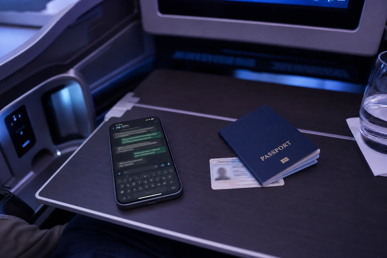 Book luxury car rental Dubai before arrival: WhatsApp, passport, and licence on an aircraft tray table