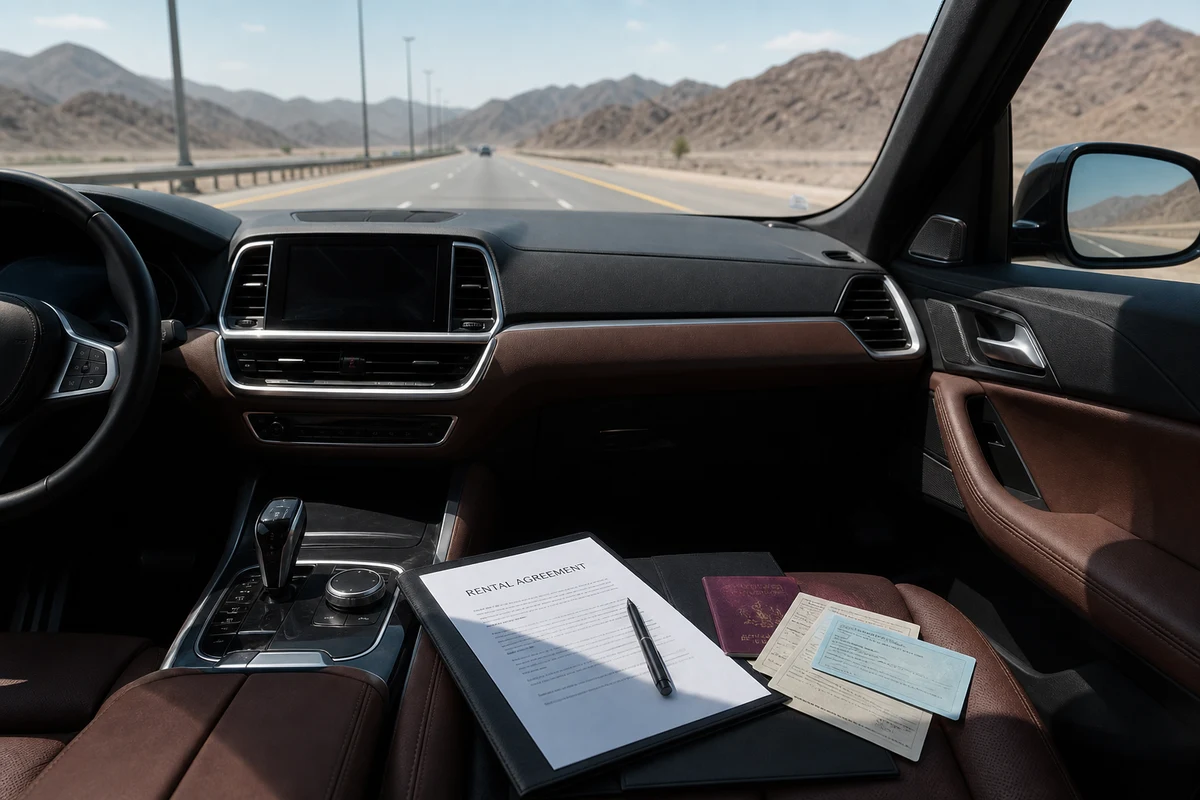 Dubai rental car border rules documents and passport on centre console before a long highway drive