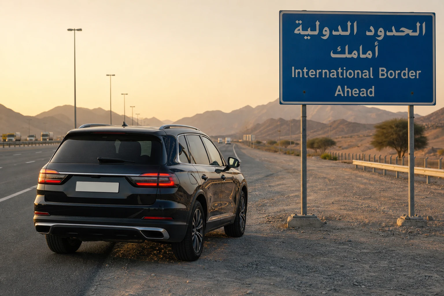 Take Dubai rental car outside UAE highway scene with border approach signage and luxury SUV