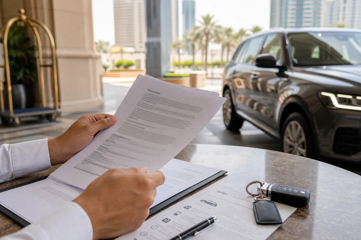 DreamRides UAE-only rental contract review with keys and insurance papers at a Dubai hotel handover