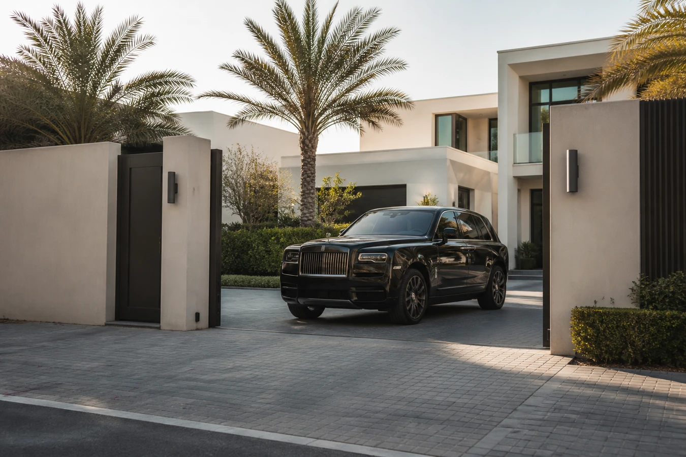 Car delivery and pick up Dubai guide hero with luxury SUV at a villa gate for doorstep handover