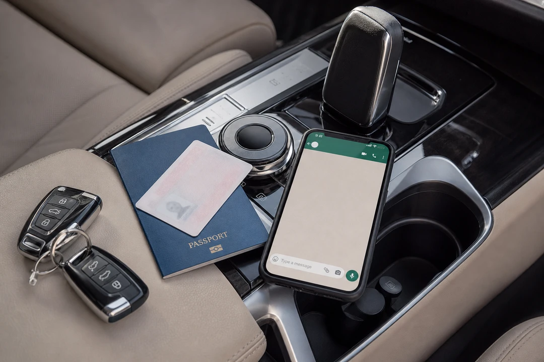 Rental car collection Dubai checklist with keys, licence, and WhatsApp confirmation on a luxury cabin console