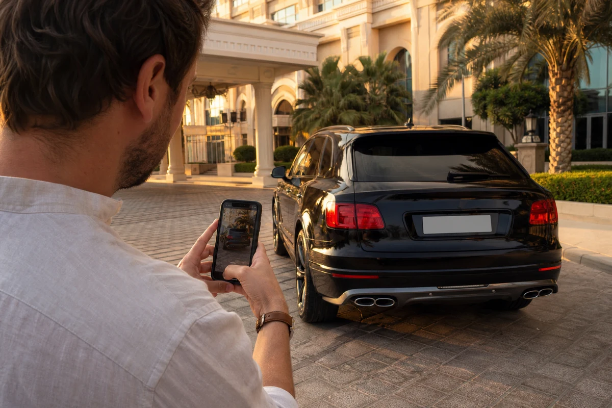 Guest photographing a black Mercedes-Benz G-Class at a Palm Jumeirah hotel before returning the hire