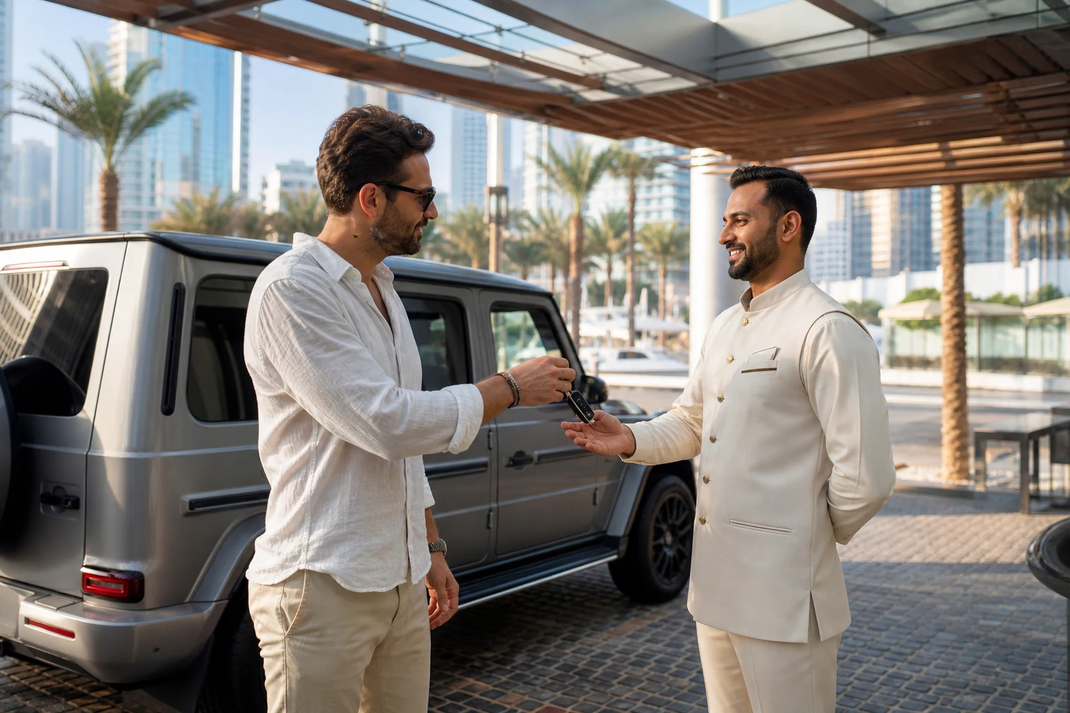 Car rental deposit refund Dubai: guest returning Mercedes-Benz G-Class keys at a Marina hotel
