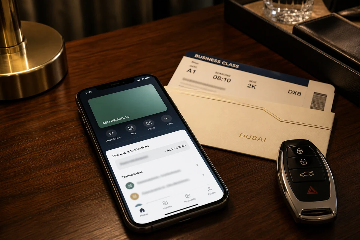 Phone showing a pending rental deposit Dubai hold beside a luxury SUV key fob and boarding pass