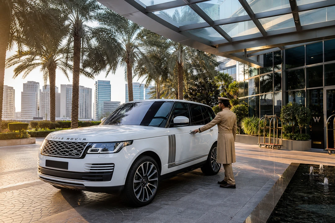 Luxury car hire Dubai for a business guest: Range Rover at a Business Bay hotel valet on a weekday morning