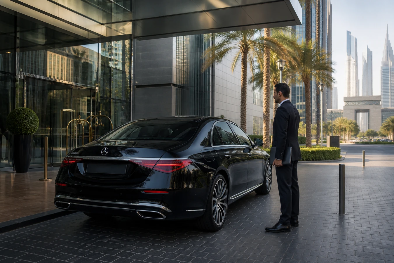 Corporate luxury car rental Dubai handover at a DIFC tower porte-cochère with a black executive sedan and agreement folder