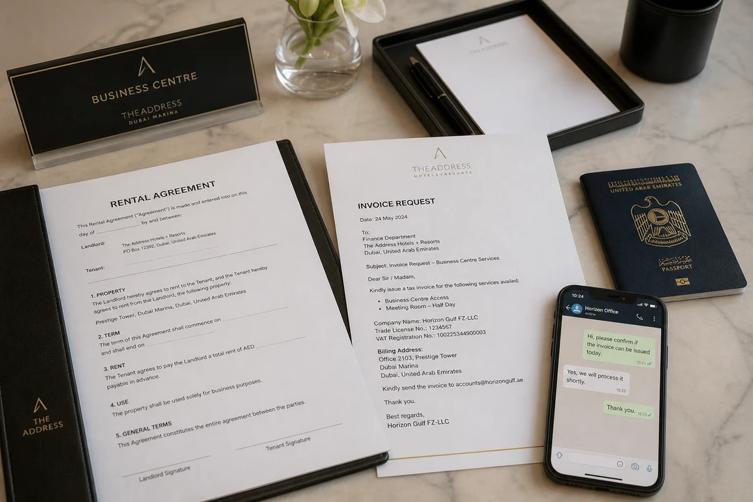 Dubai car rental payment and rental deposit Dubai paperwork on a hotel business-centre desk for a company booking