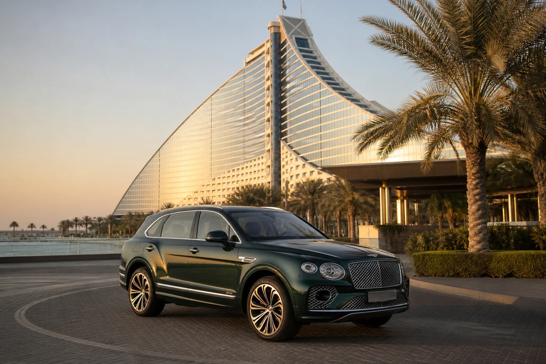Bentley Bentayga at Jumeirah Beach Hotel for supercar rental Dubai guests who actually need an SUV
