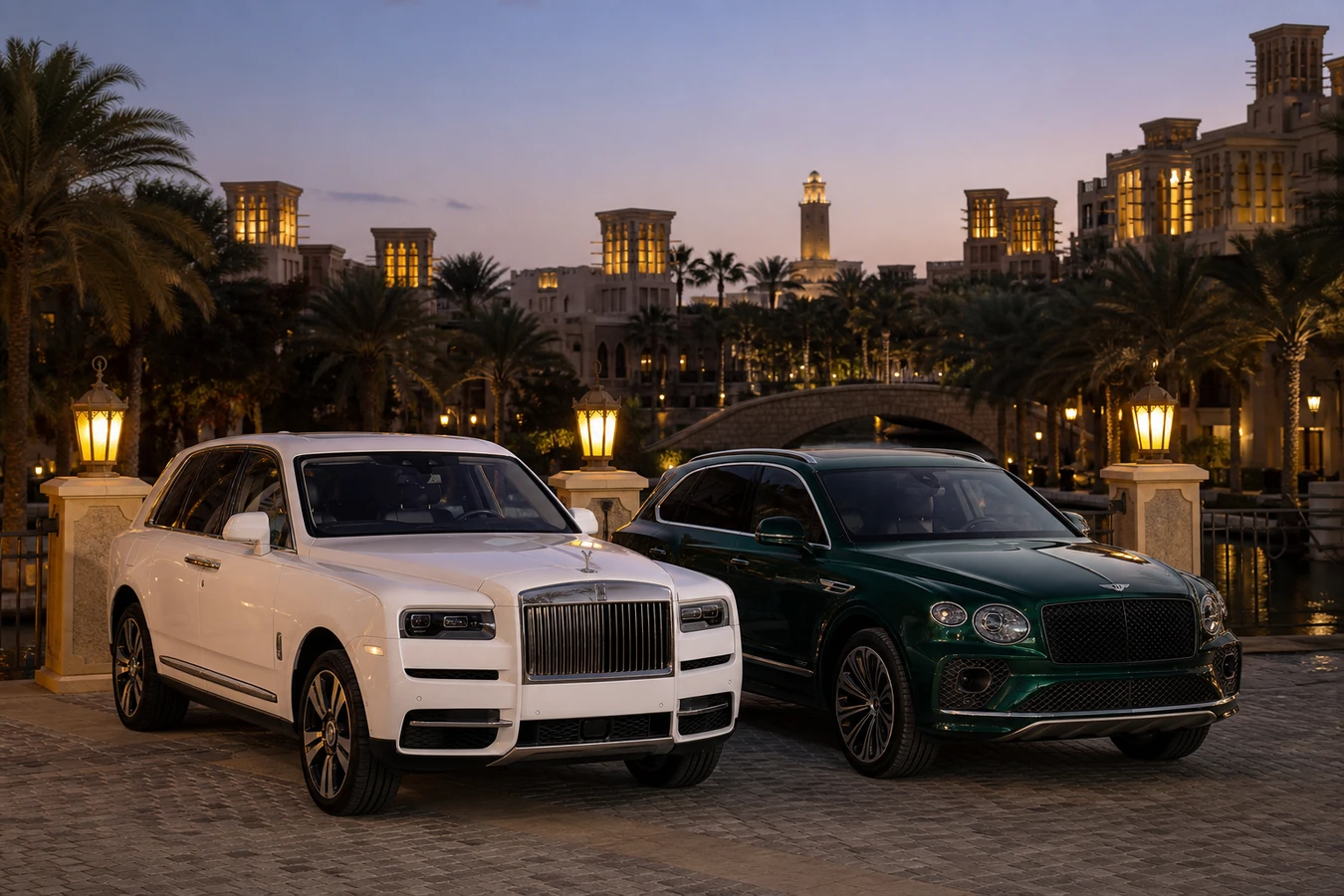 Cullinan vs Bentayga rental Dubai hero with both ultra-luxury SUVs at Madinat Jumeirah dusk