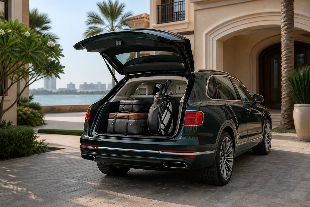 Bentley Bentayga open tailgate with luggage at Palm Jumeirah for luxury car hire Dubai packing