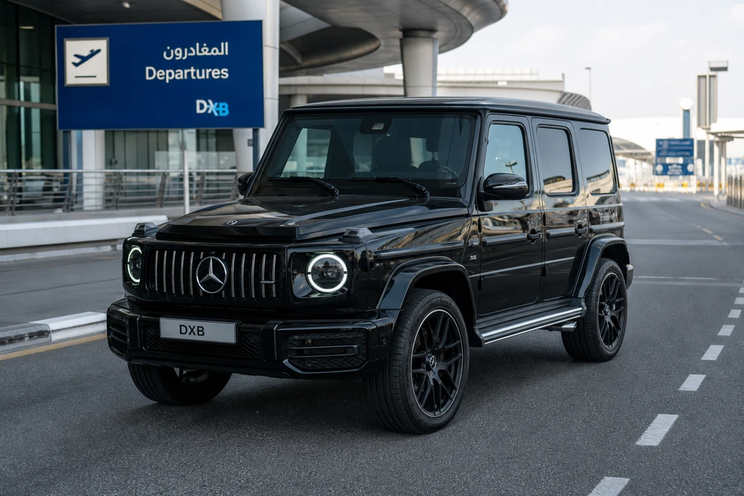 DXB luxury car handover with Mercedes G-Class at Dubai International Airport departures level