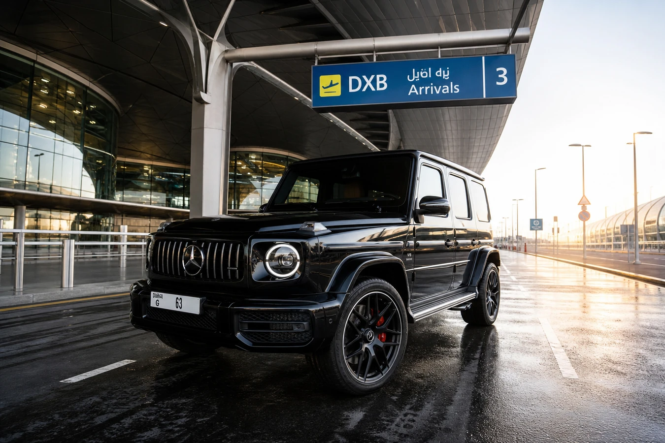 Dubai airport luxury car handover guide hero with luxury SUV at DXB terminal arrivals
