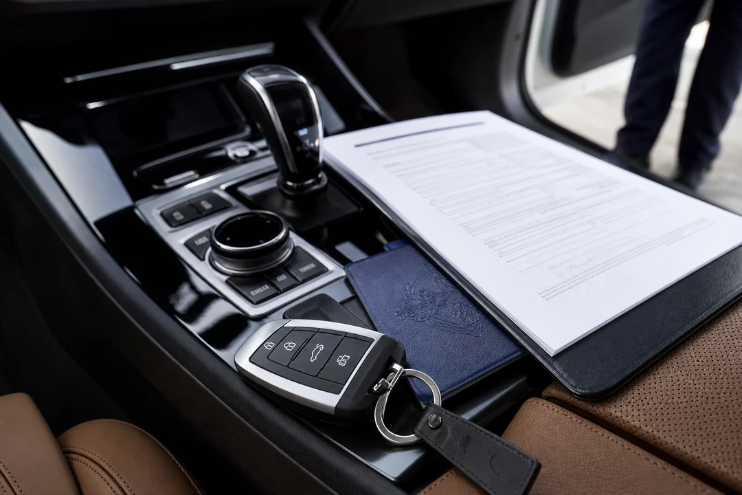 Airport car arrival checklist detail with keys and passport on luxury car centre console