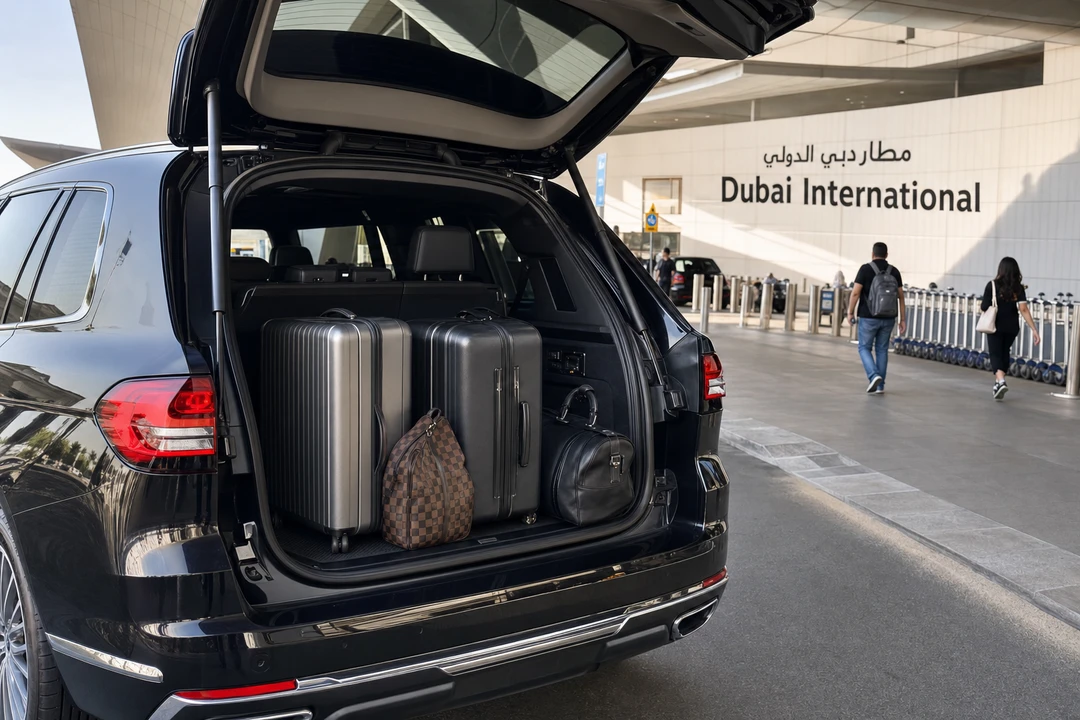 Luxury SUV luggage load at DXB for airport rental car documents Dubai planning