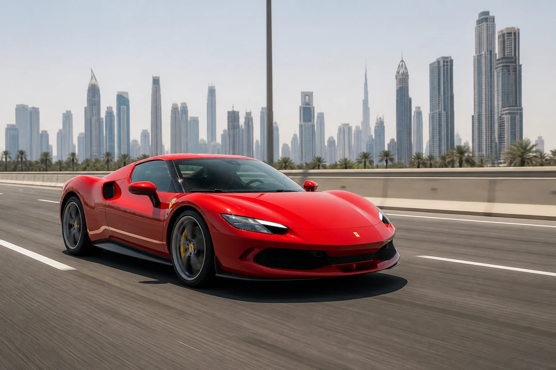 Supercar rental Dubai in summer with a closed Ferrari coupe on Sheikh Zayed Road in bright afternoon haze