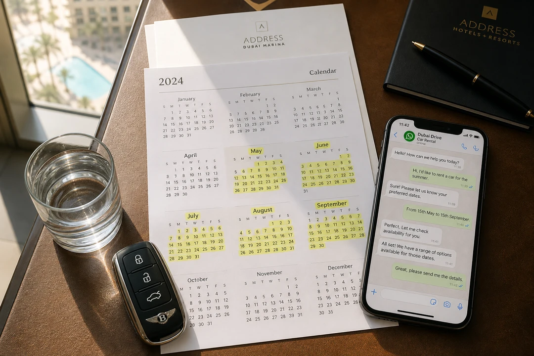 Dubai car hire summer planning: WhatsApp quote beside a May-to-September calendar on a hotel desk