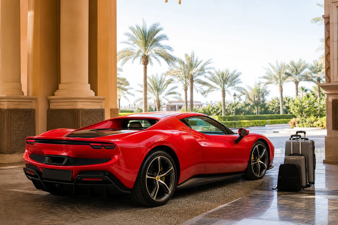 Ferrari 296 GTB at a Palm Jumeirah hotel drop-off for Eid supercar rental Dubai