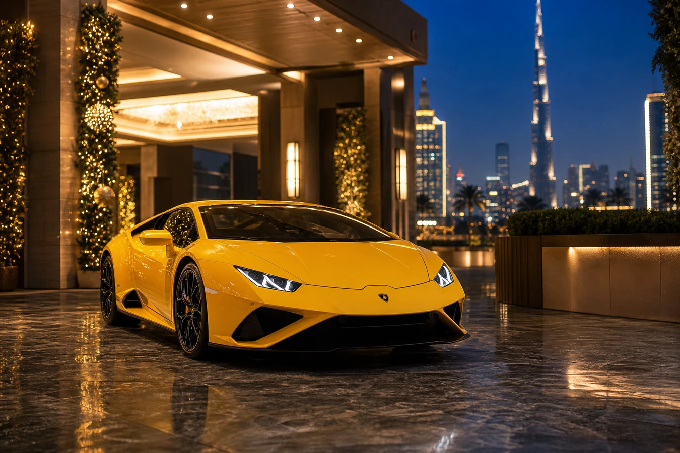 Eid luxury car rental Dubai with a yellow Lamborghini Huracán at a Downtown hotel at dusk