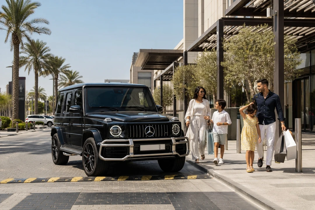 Mercedes-Benz G63 at Dubai Hills Mall drop-off for family luxury car rental Dubai school holidays